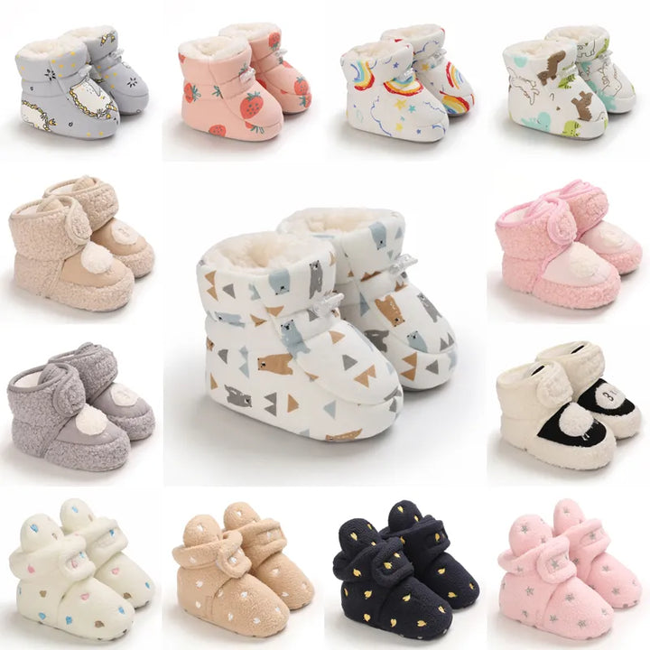 Adorable SnugToes warm baby booties, soft sole infant shoes, perfect cozy winter footwear for toddlers.