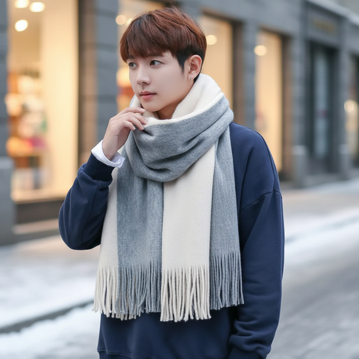 Cozy unisex striped knit scarf with fringe, perfect for cold weather fashion