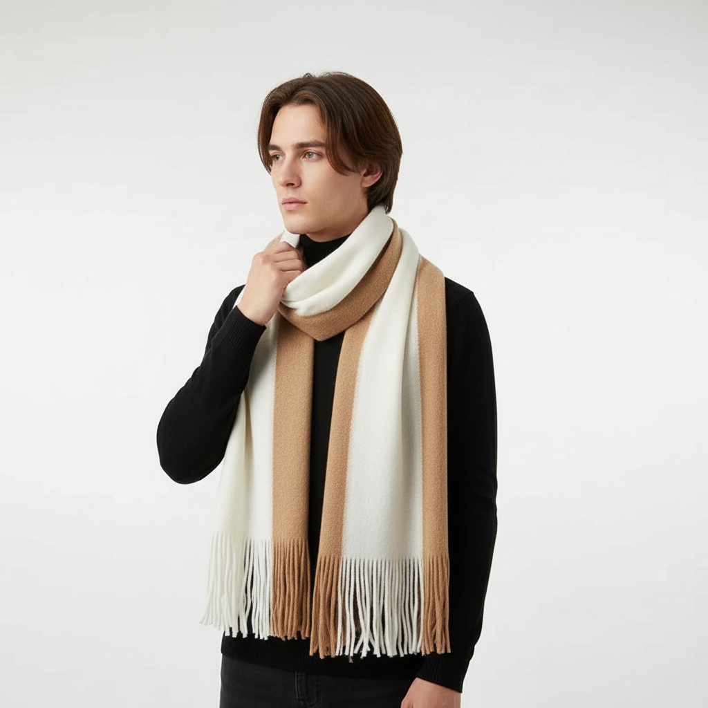 Close-up of a striped knit scarf showing intricate patterns and soft fringe
