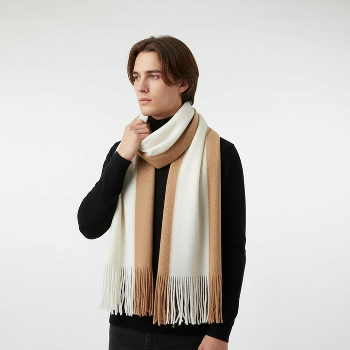 Close-up of a striped knit scarf showing intricate patterns and soft fringe