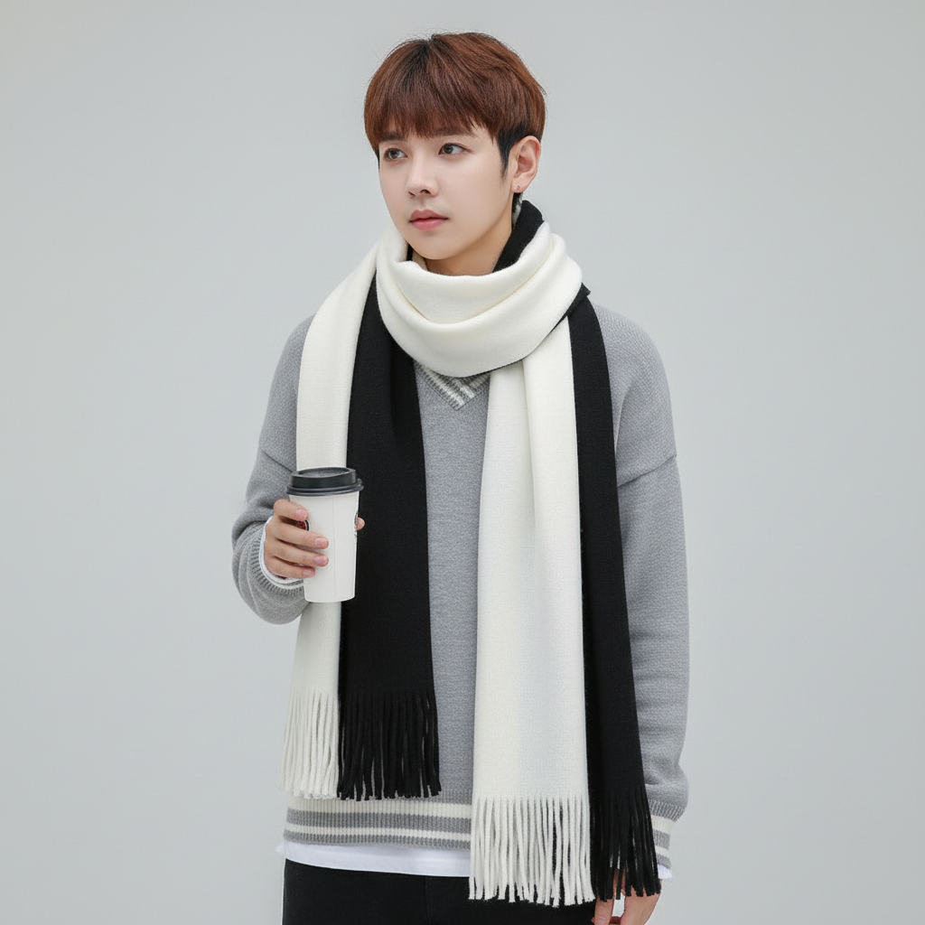 Stylish winter accessory: a cozy striped knit scarf with beautiful fringe