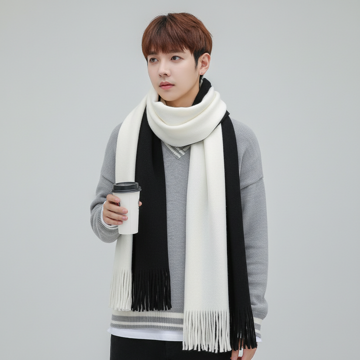 Stylish winter accessory: a cozy striped knit scarf with beautiful fringe