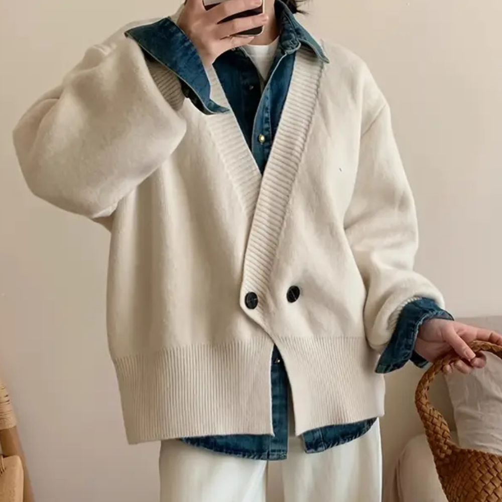 Cozy women's beige knitted cardigan, ideal for comfortable layering and versatile stylish fashion outfits.