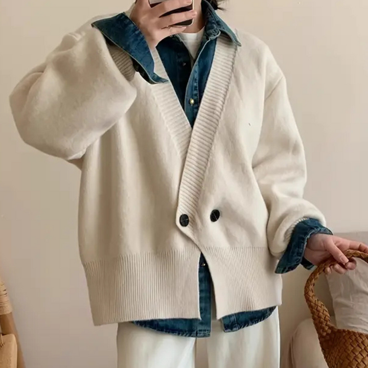 Cozy women's beige knitted cardigan, ideal for comfortable layering and versatile stylish fashion outfits.