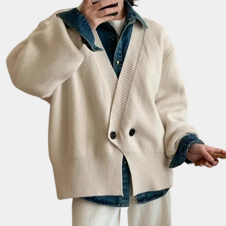 Stylish beige knitted cardigan for women. Soft, comfortable outerwear perfect for cozy, everyday fashion.