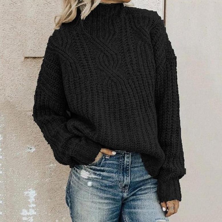 Elegant women's cable knit turtleneck sweater. A chic pullover for fall and winter casual fashion.