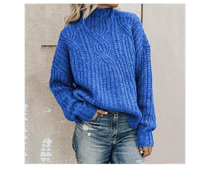 Stylish women's cable knit turtleneck pullover, a versatile piece for elegant fall and winter outfits.