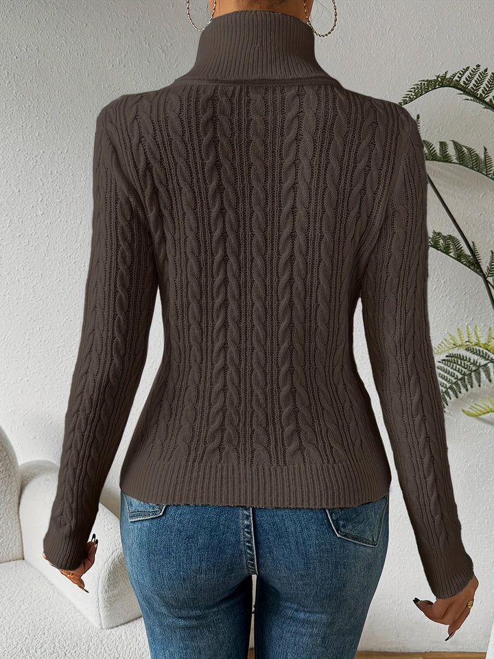 Comfortable women's cable knit turtleneck sweater. A cozy long sleeve top, great for casual winter days & layering.