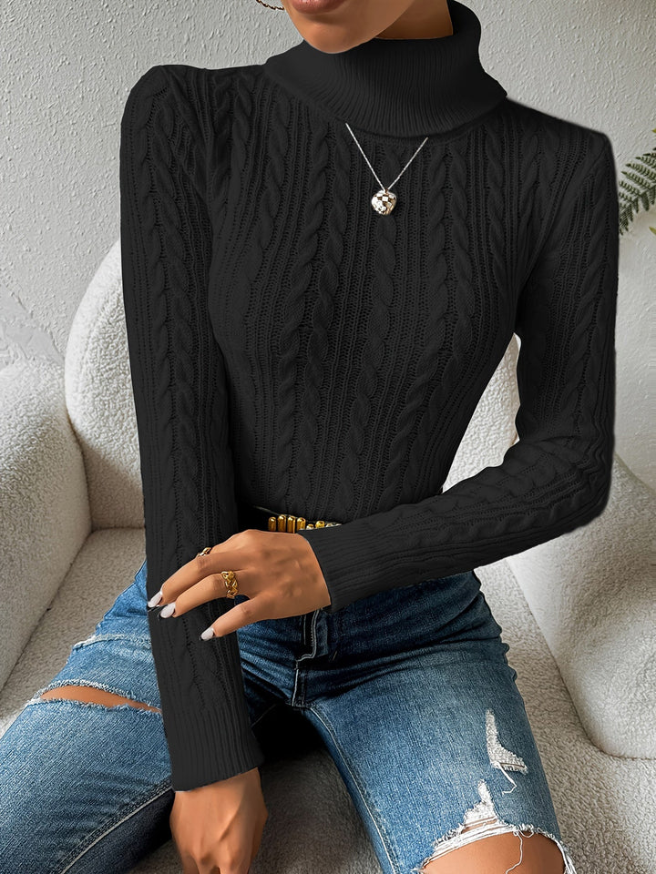 Soft cable knit turtleneck sweater for women. A cozy, stylish long sleeve top, great for elegant winter knitwear.