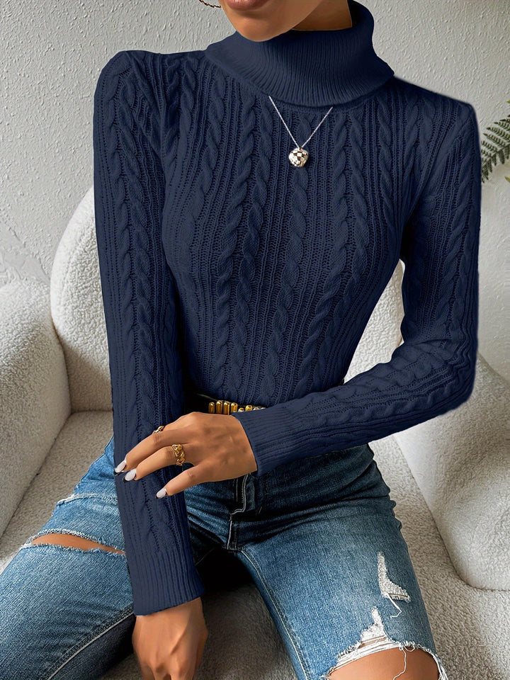 Luxurious women's cable knit turtleneck sweater. Cozy long sleeve knitwear, ideal for stylish winter outfits.