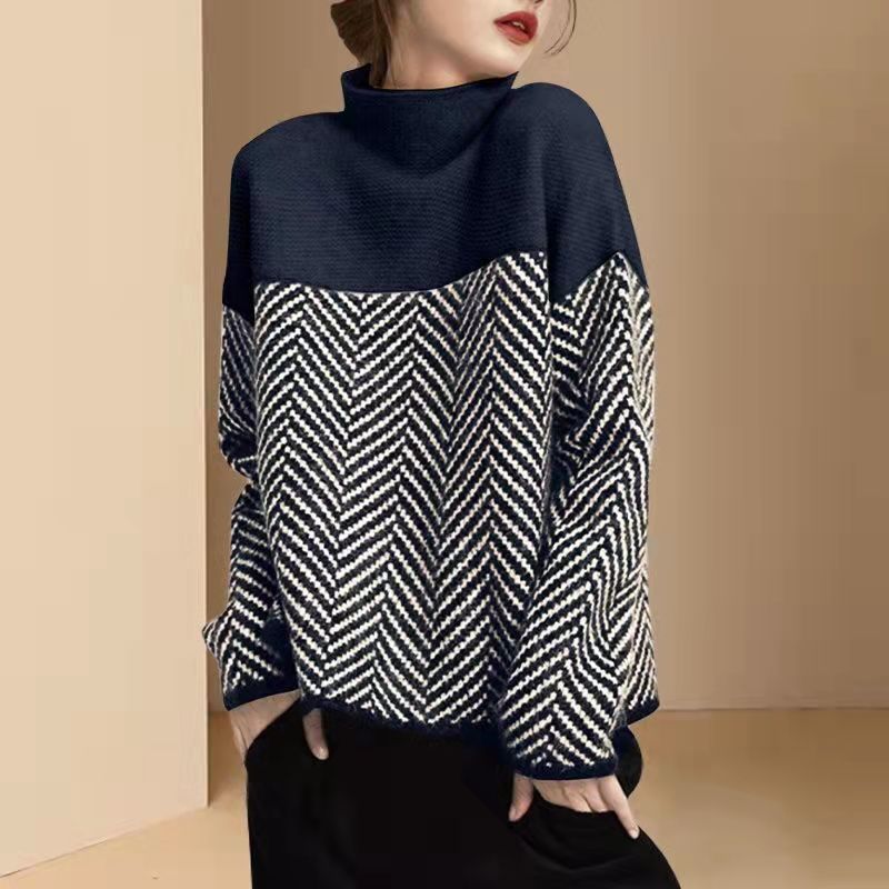 Cozy women's contrast knit pullover sweater for fall & winter. Comfortable, chic, loose-fit casual wear.