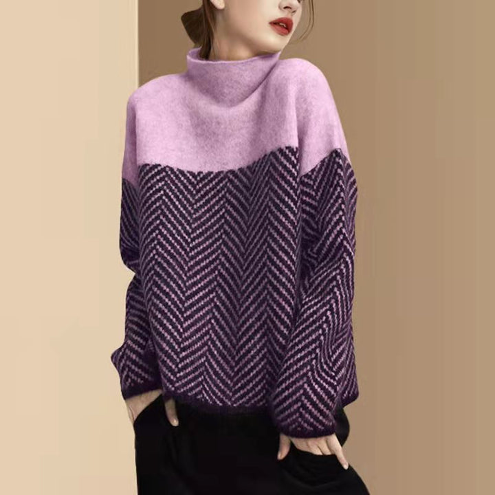 Comfortable women's knitwear pullover sweater with contrast design. Perfect cozy, loose-fit top for casual fall fashion.