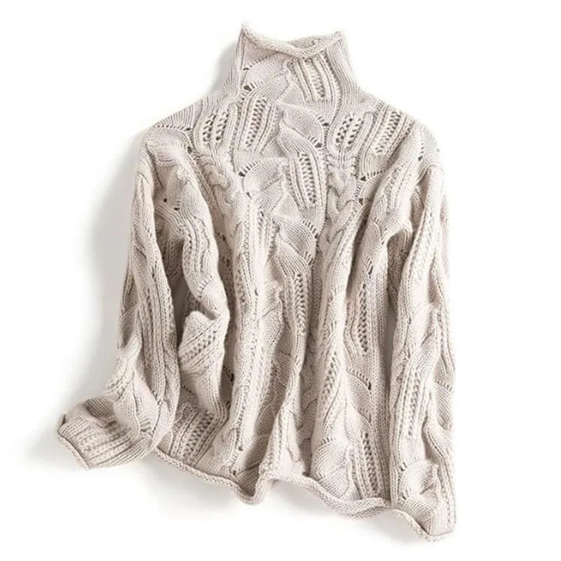 Front view of a versatile women's everyday knit sweater. Comfortable, long-sleeve pullover with elegant textured knitwear.
