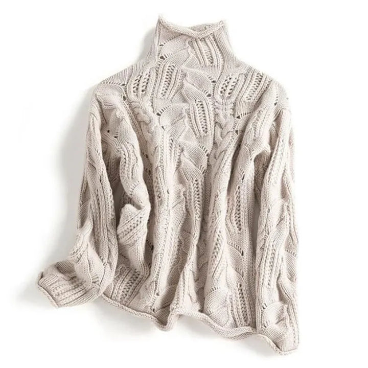 Front view of a versatile women's everyday knit sweater. Comfortable, long-sleeve pullover with elegant textured knitwear.