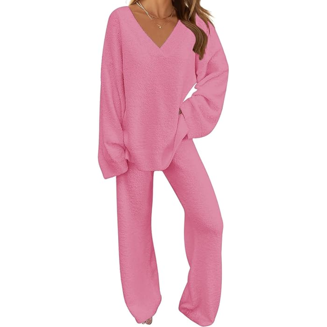 Model wearing a stylish and comfortable women's fleece lounge set, ideal for cozy at-home wear.