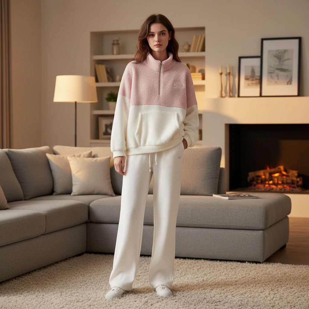Cozy women's fleece loungewear set in lambswool, perfect for winter comfort and relaxation