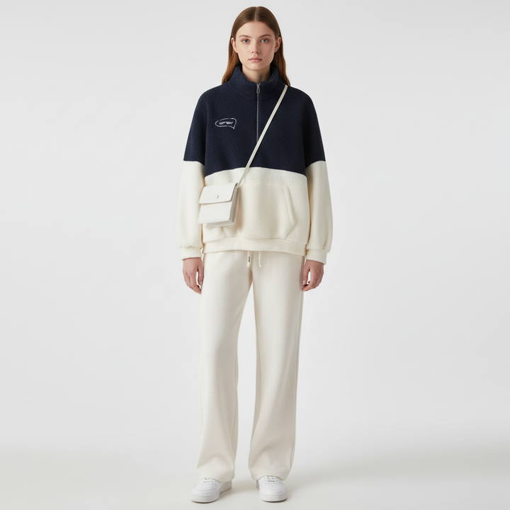 Matching women's fleece loungewear in lambswool, designed for plush relaxation