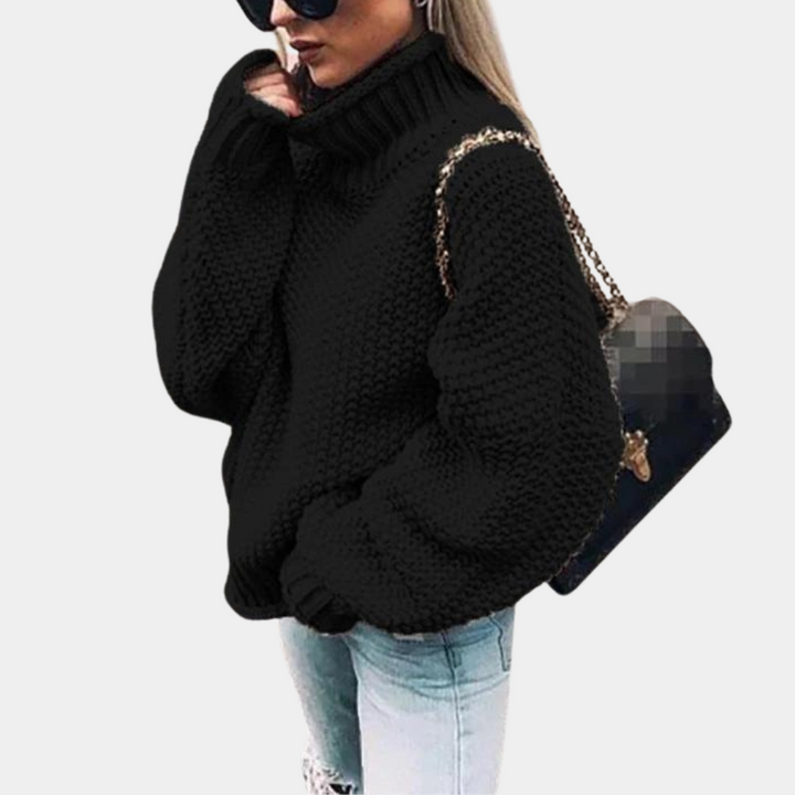 Chic women's high-neck long-sleeve sweater, a versatile and warm knit pullover for winter layering.