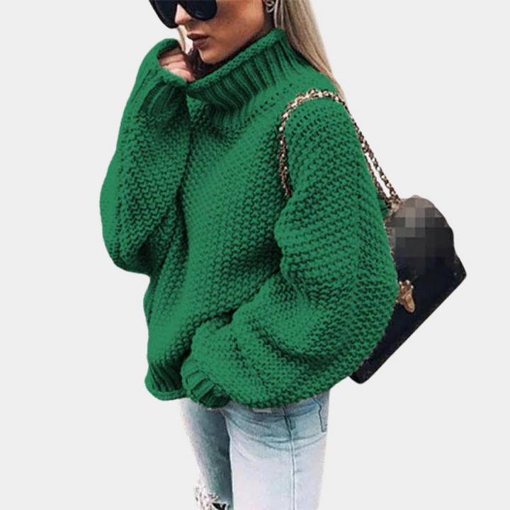 Warm & comfortable women's high-neck knit sweater, ideal for cozy winter fashion and casual outfits.