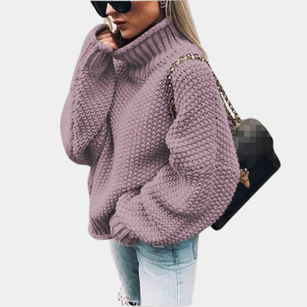 Soft knit women's high-neck sweater, a stylish & warm pullover designed for winter comfort and chic style.