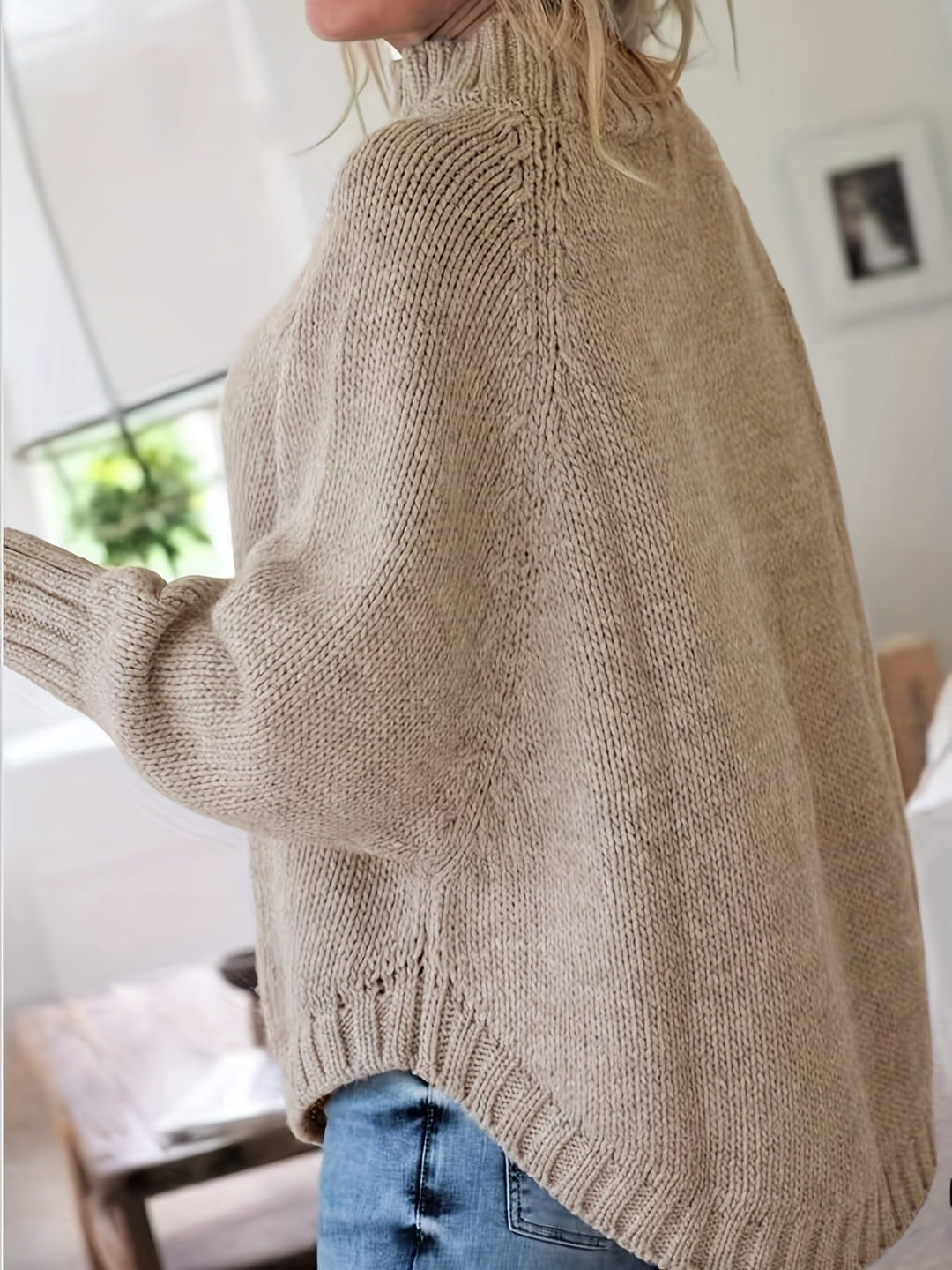 Everyday women's high-neck textured sweater. Comfortable, oversized, and warm for fall and winter.