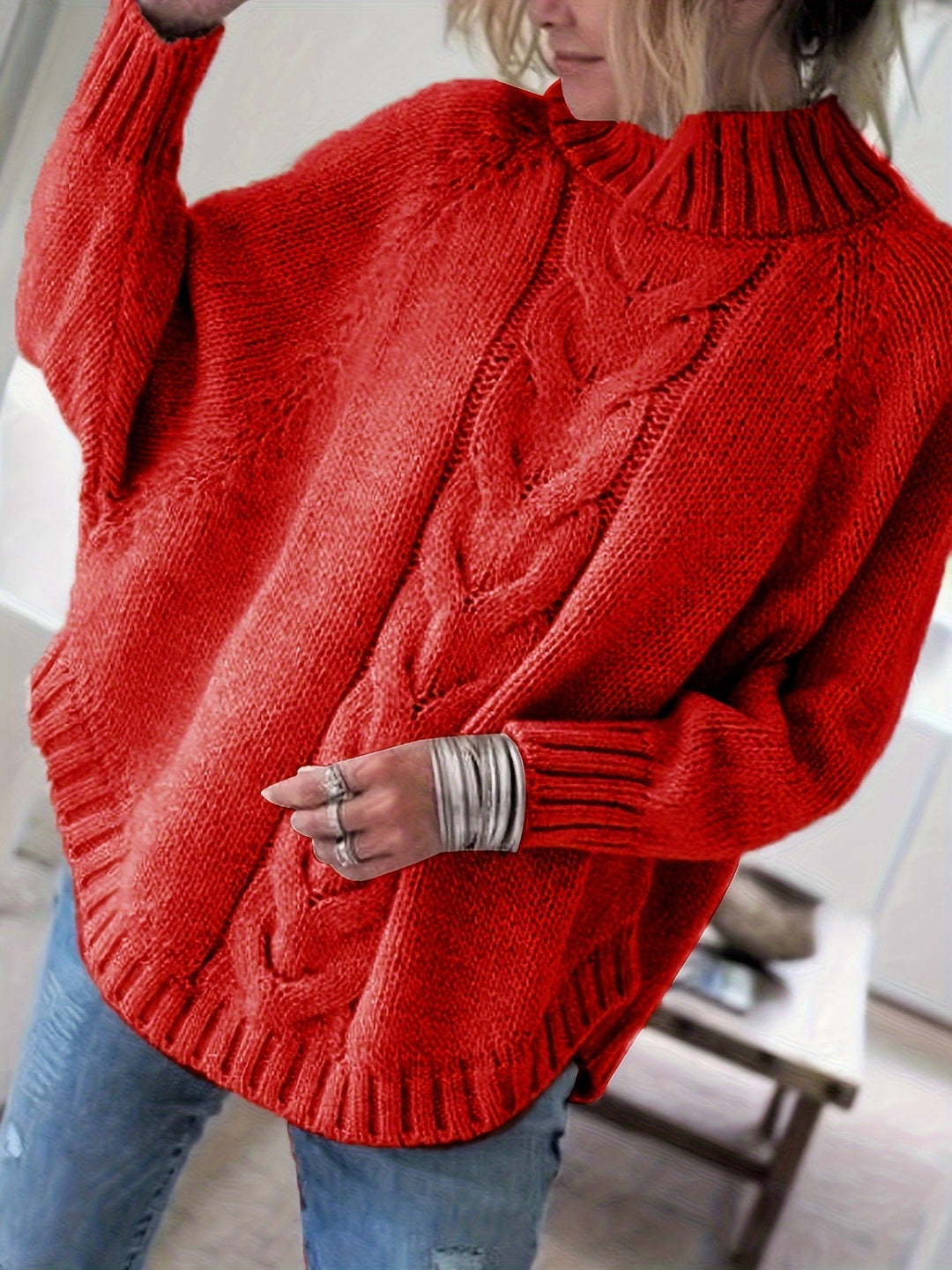 Warm and cozy women's high-neck textured sweater, perfect for fall fashion and versatile winter wear.