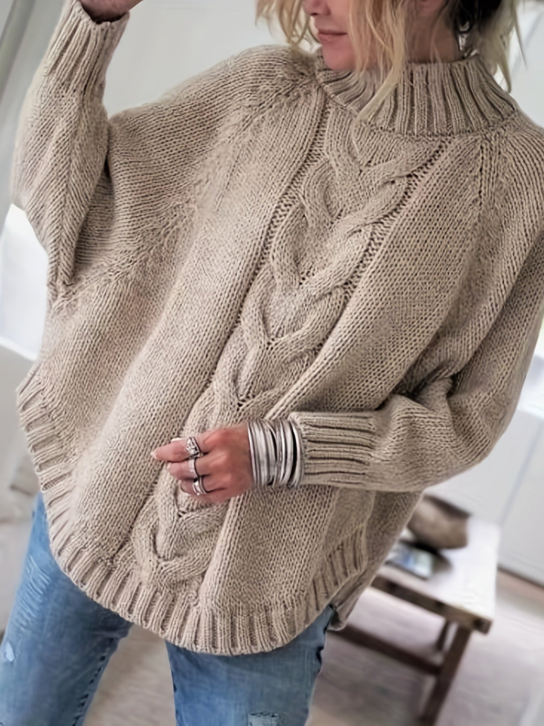 Versatile women's high-neck textured sweater. Cozy, warm, and perfect for fall, winter, and everyday casual.