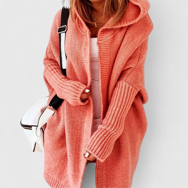 Cozy women's hooded long sleeve cardigan, knee-length, perfect for comfortable casual everyday layering.