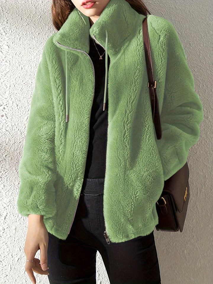 Cozy women's hooded teddy zip-up jacket with drawstring, perfect for warm fall & winter outerwear.