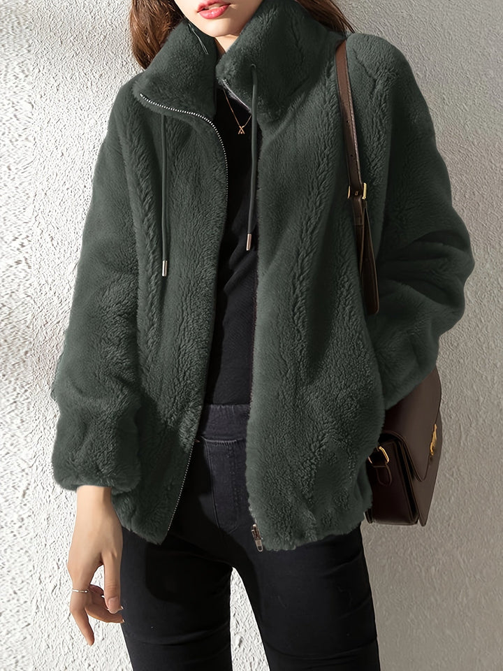 Stylish women's multi-color hooded zip-up teddy jacket with drawstring, ideal for casual wear.