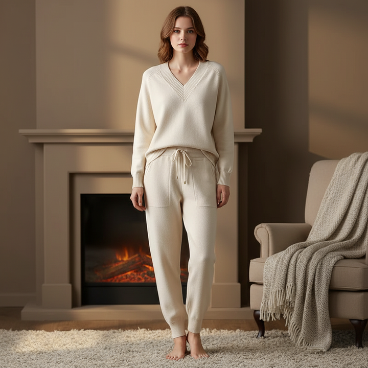Cozy women's knit two-piece loungewear set in a comfortable relaxed fit for winter fashion.