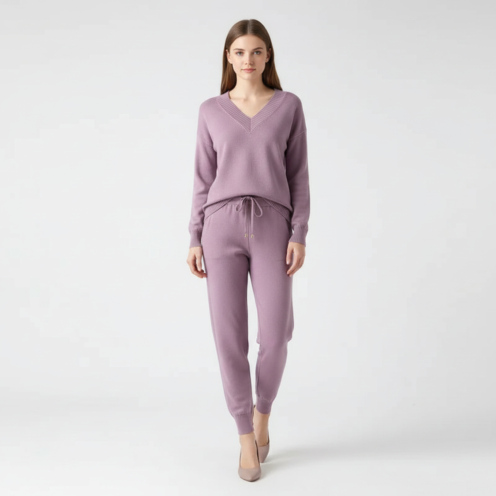 Leona women's two-piece knit set, a v-neck top and pants for versatile loungewear.