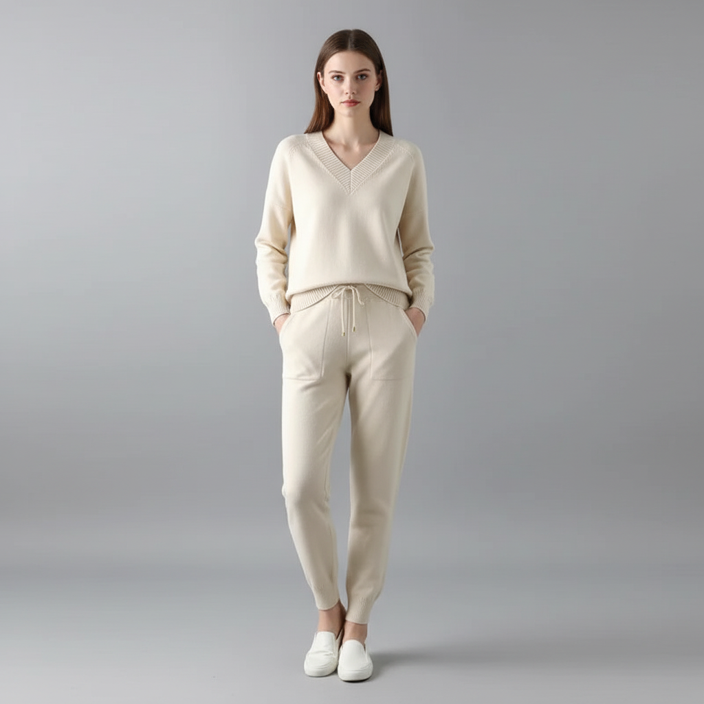 Women's Leona knit loungewear set featuring a v-neck top and matching pants, ideal for casual wear.