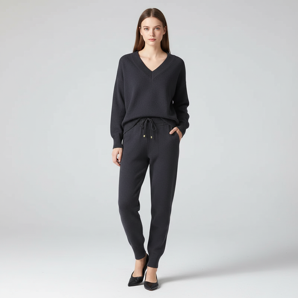 Stylish women's knitwear set with a v-neck, designed for ultimate comfort and casual elegance.