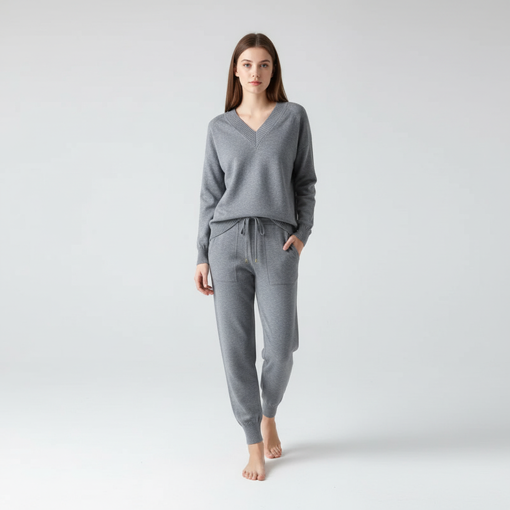 Leona women's cozy knit loungewear set, a two-piece outfit for relaxed winter fashion.