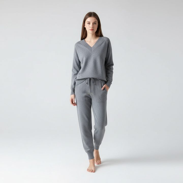 Leona women's cozy knit loungewear set, a two-piece outfit for relaxed winter fashion.