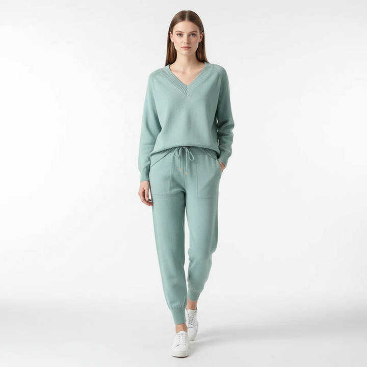 V-neck knit top and matching pants in a women's two-piece loungewear set, Leona collection.