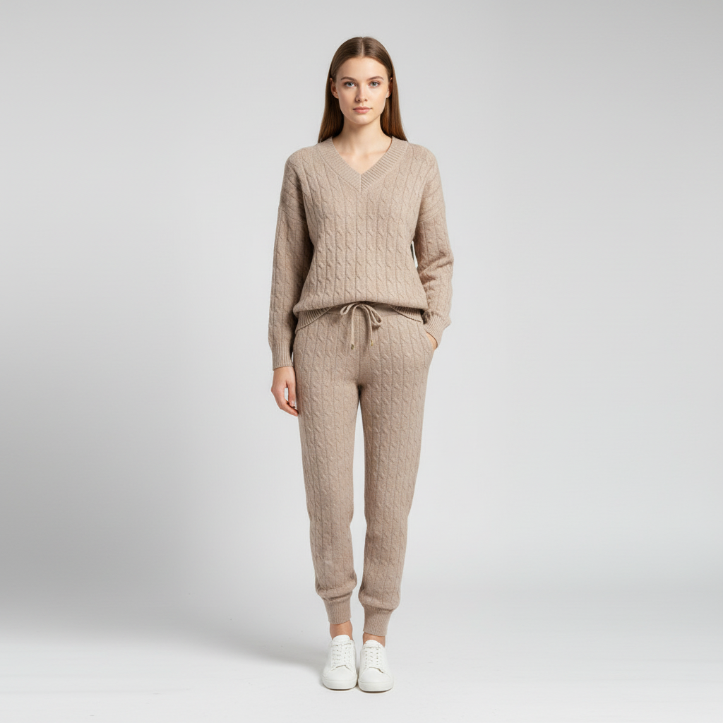 Relaxed fit women's knitwear loungewear set, combining comfort and casual style.