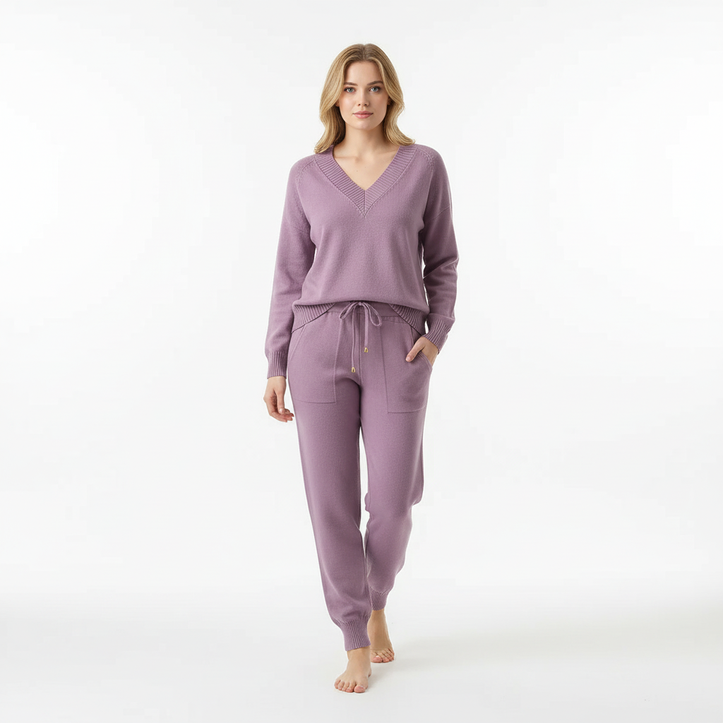 Chic women's loungewear: a knit V-neck pullover and matching soft pants set.