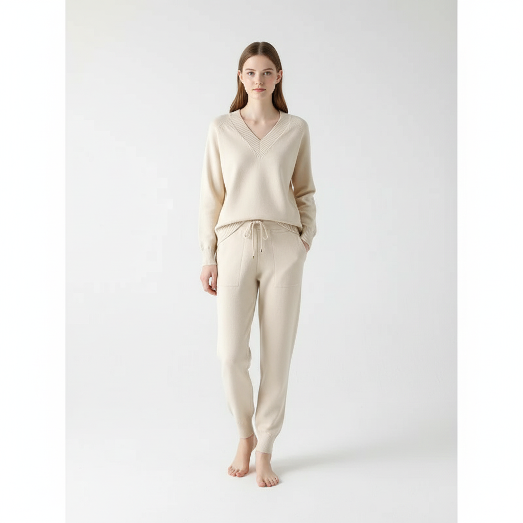 Alicia knit loungewear set for women, featuring a V-neck pullover and matching comfort pants.