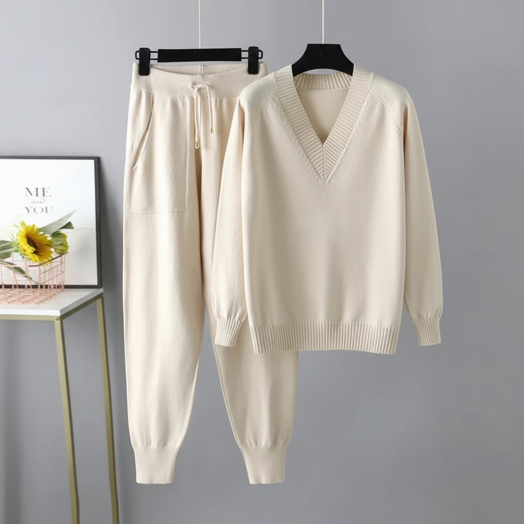 Stylish women's autumn knitwear: a two-piece V-neck pullover and pants set.