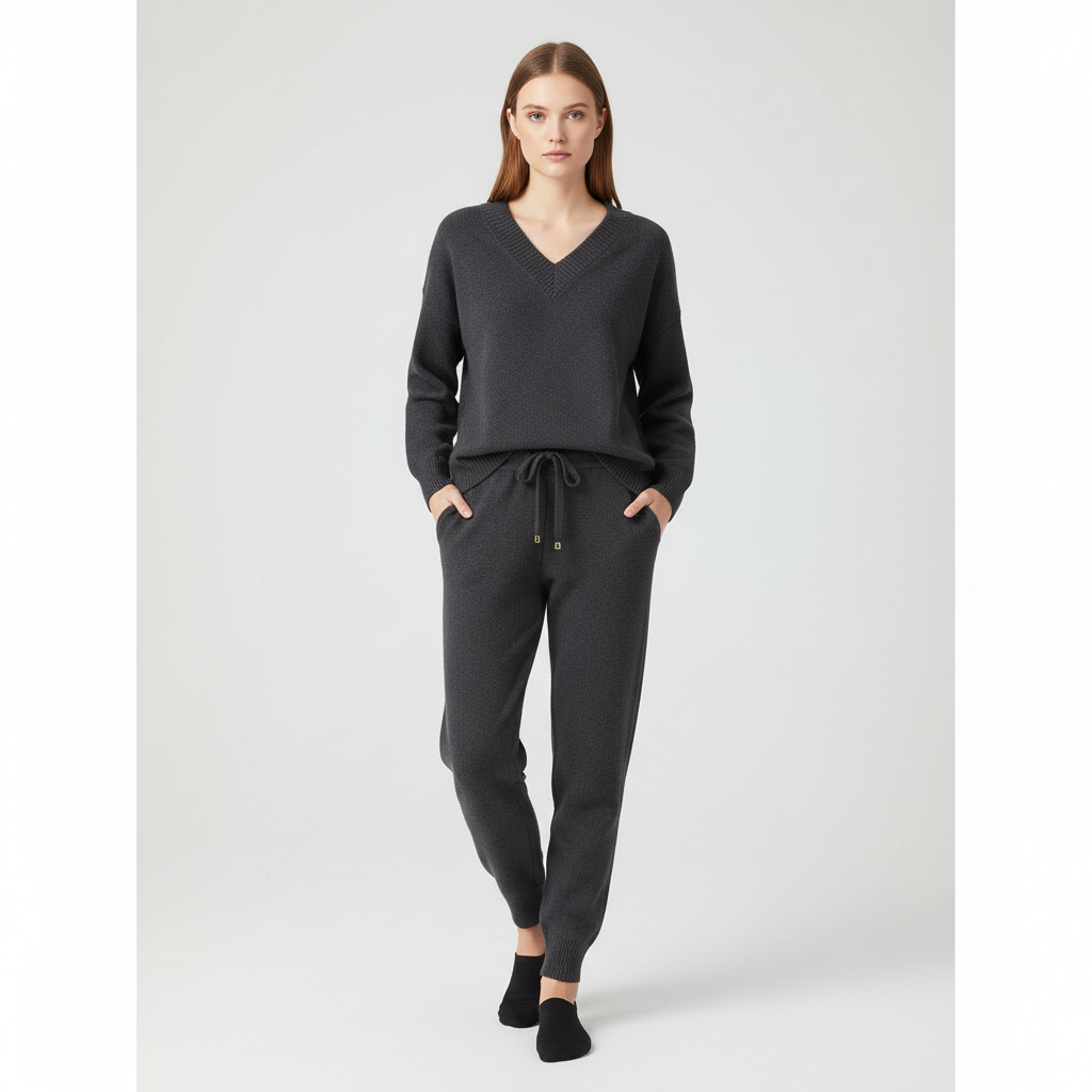Warm winter fashion: women's cozy knit two-piece set with V-neck top and wide-leg pants.
