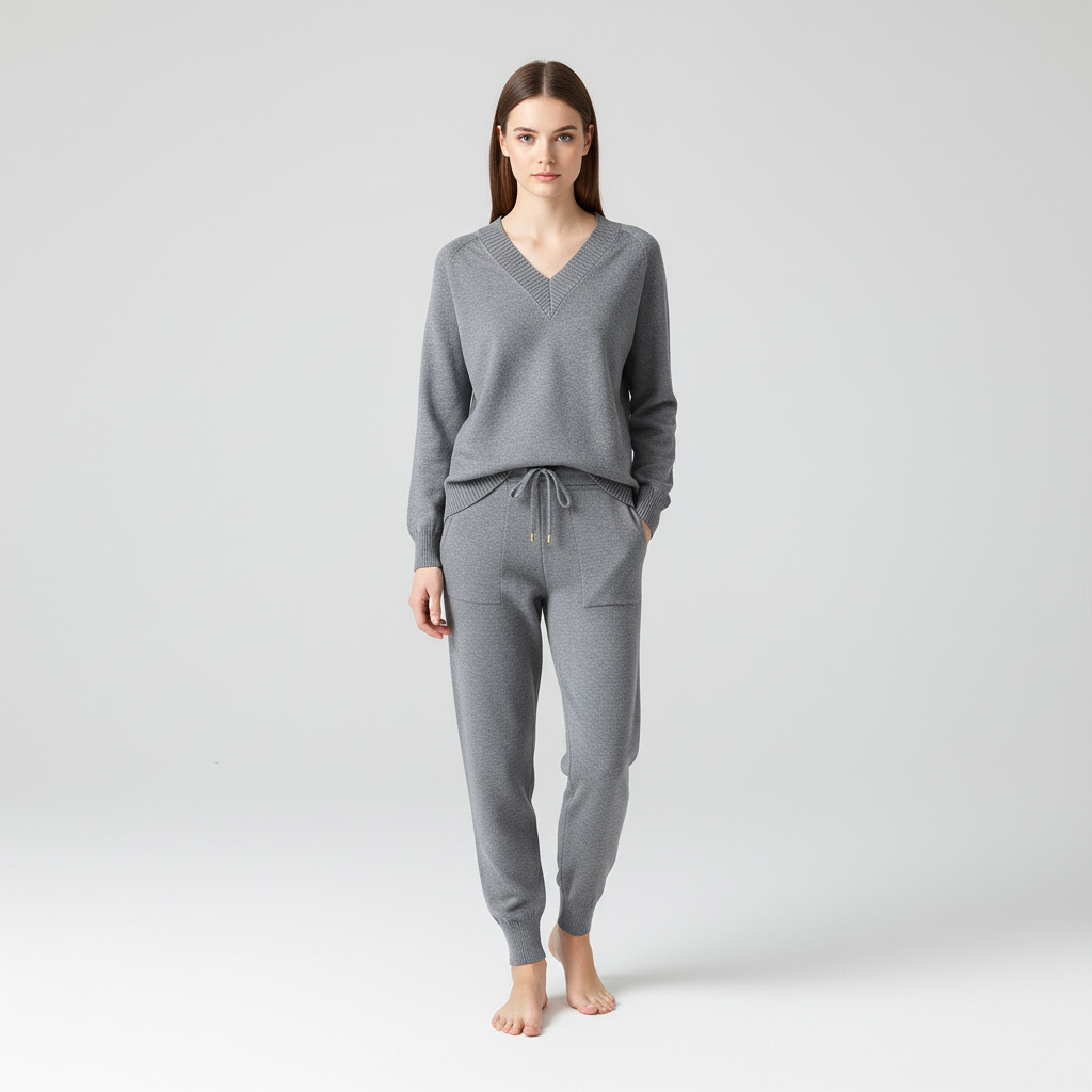 Soft knit two-piece V-neck pullover and pants set, perfect for stylish loungewear.
