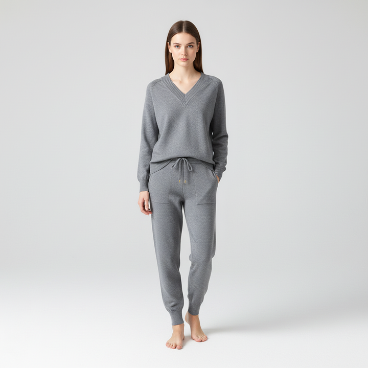 Soft knit two-piece V-neck pullover and pants set, perfect for stylish loungewear.