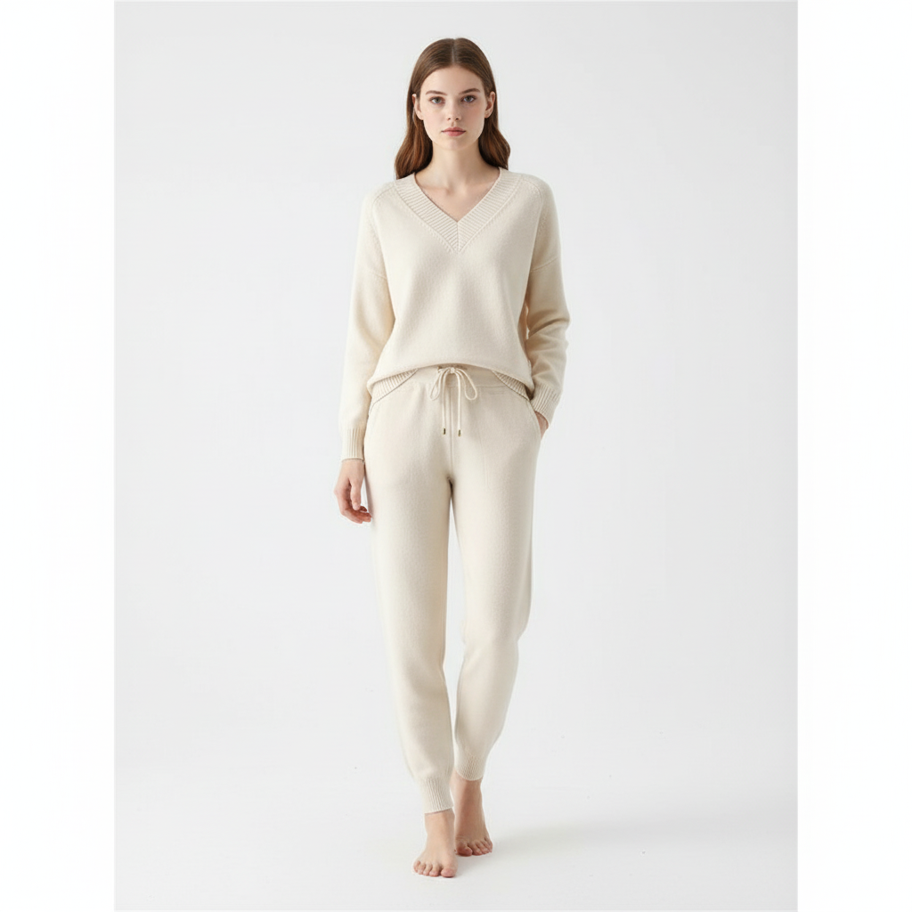 Women's comfortable knitwear set, including a V-neck long-sleeve pullover and drawstring pants.