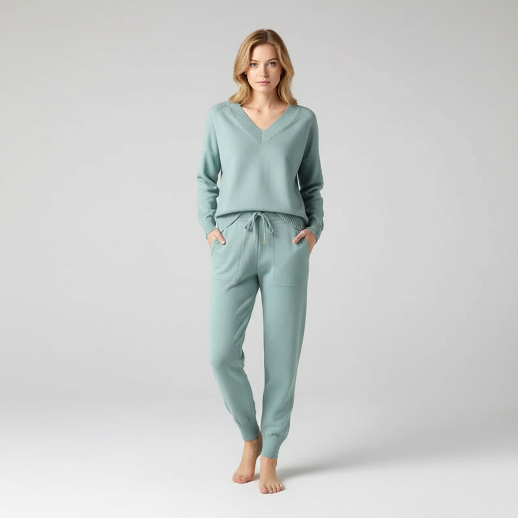 Elegant Alicia knit two-piece set for women, a V-neck sweater and relaxed fit knit pants.