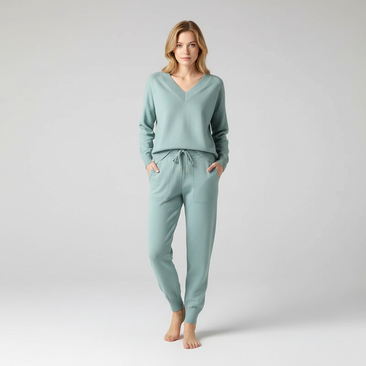 Elegant Alicia knit two-piece set for women, a V-neck sweater and relaxed fit knit pants.