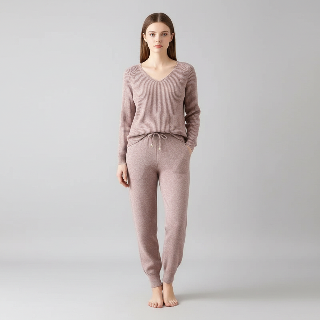 Autumn/winter women's fashion: a versatile knit two-piece V-neck top and bottom set.