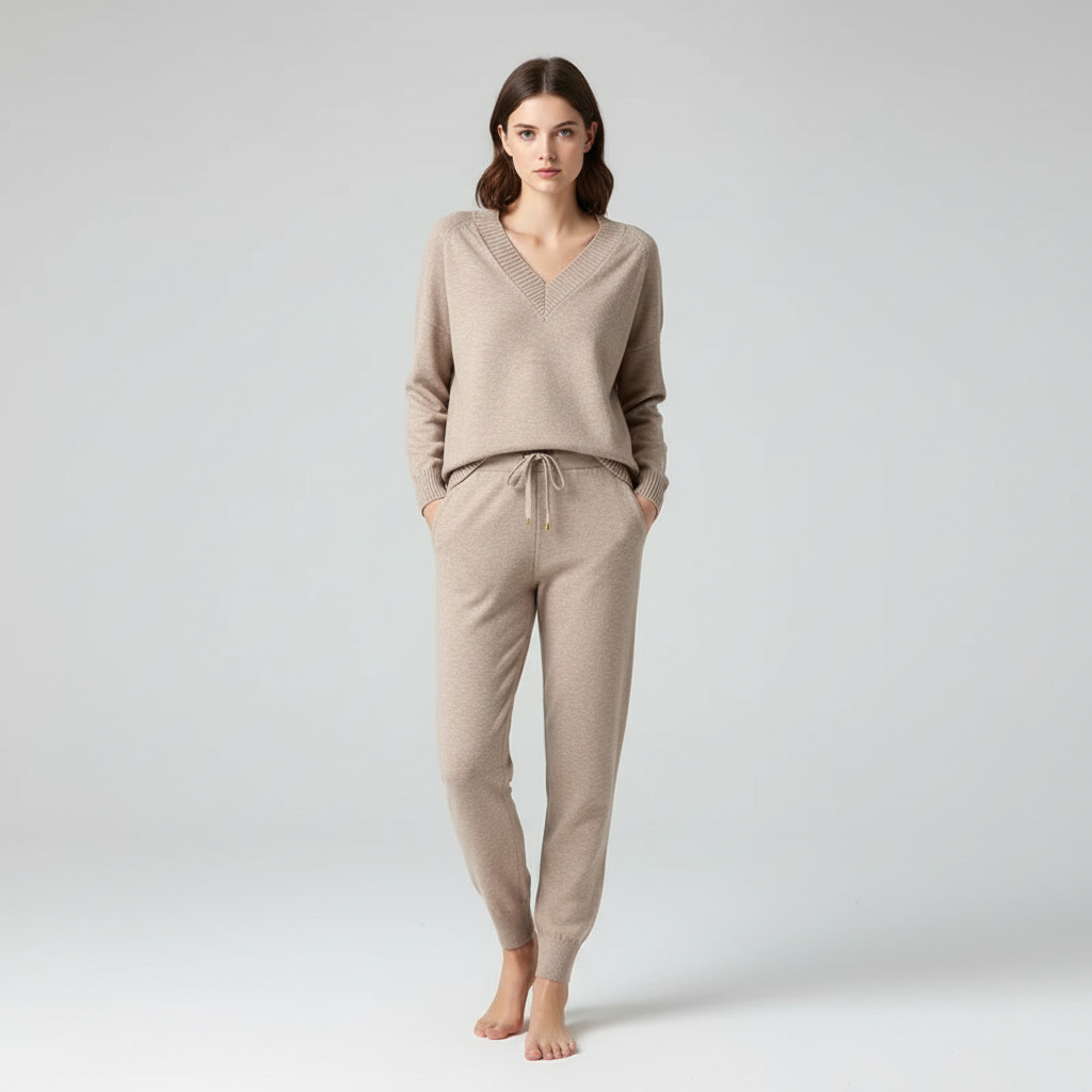 Relaxed fit knit two-piece set for women with V-neck pullover and comfortable knit pants.