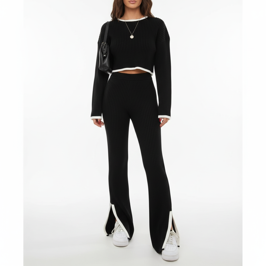 Comfortable women's matching knitted set with a cozy cardigan and stylish joggers for relaxation